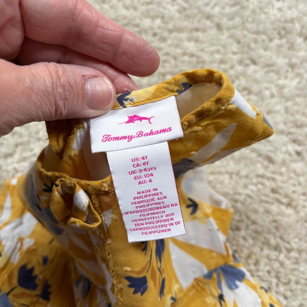 Tommy Bahama Girls Yellow Floral Ruffle Dress‎ Size 4T Sleeveless Tie Neck